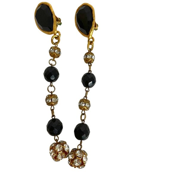 Gold & Black Faceted Glass Beads Clip-On Dangle Earrings With Rhinestone Accents - Picture 1 of 3